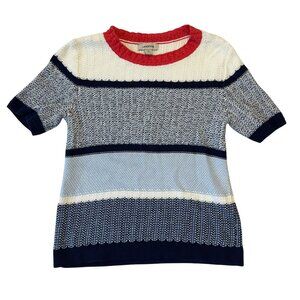 Lands End Knit Short Sleeve Nautical Stripe Sweater Size S Blue White Preppy